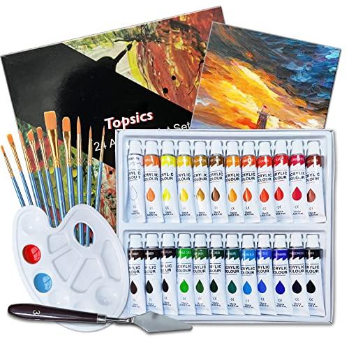 Topsics 37 Pezzi Colori Acrilici per Dipingere, 12 ML x 24 Tubes Set  Pittura Acrilica per Pietra/Tessuto/Vetro/Legno/Tela, Kit di Pittura  Acrilici Atossici per Principianti/Bambini