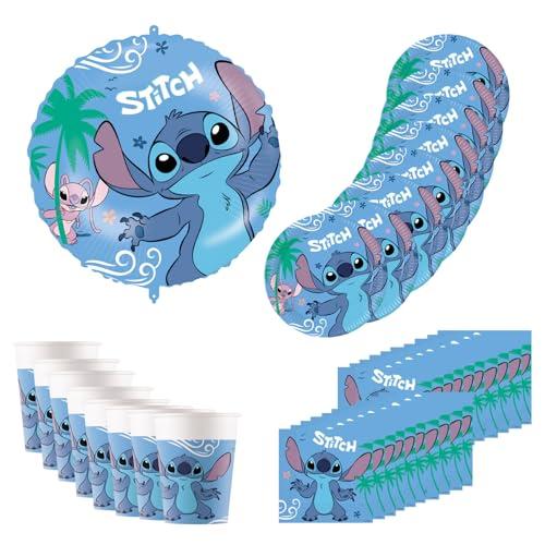 Procos - Stoviglie per feste Disney Stitch, decorazione per compleanno da 37 pezzi, include 8 piatti di carta, 8 bicchieri di carta, 20 tovaglioli e un palloncino di carta stagnola