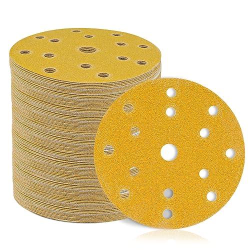 STEBRUAM Dischi Abrasivi 150mm, 15 fori set da 50 pezzi per levigatrice orbitale rotonda, ciascuno 10 x P60 P80 P120 P180 P400, grana mista, per legno, metallo e colore