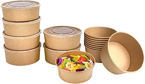 Ciotole per insalata con coperchi [50 pezzi, 740 ml, contenitori di cartone marrone da asporto Bio, Piatti di carta, rivestimento in PLA - Imballaggio per Streetfood