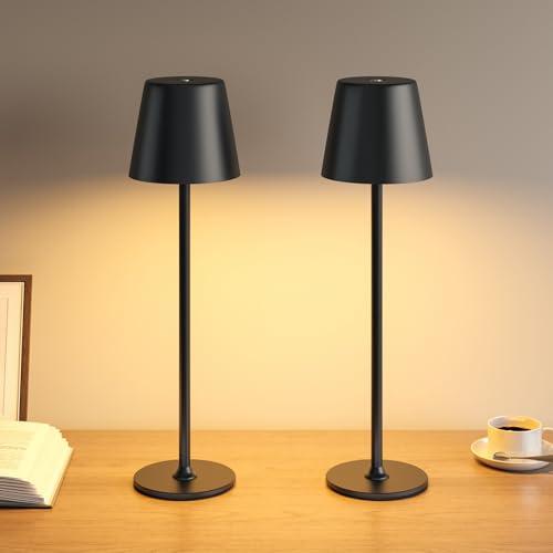 UPXNBOR 2 Pezzi Lampada da Tavolo in Metallo, Lampada LED da Tavolo Senza Fili Ricaricabile, 3 Livelli di Luminosità Regolabili, Corpo Metallico Completo, Doppia Batteria, Ricaricabile via USB, Nero