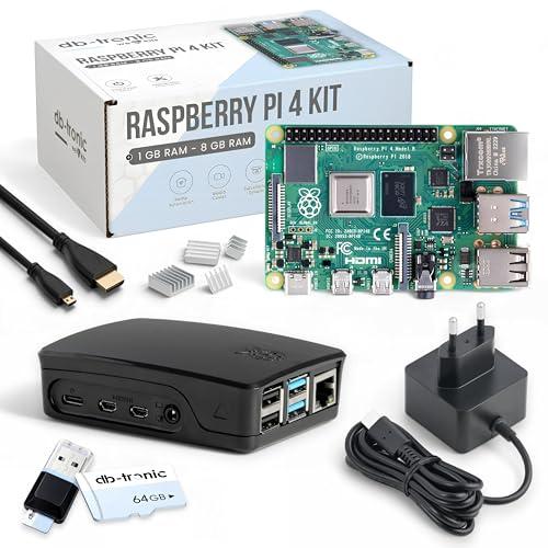 db-tronic Raspberry Pi 4 1 GB Starter Kit | Edizione nera da 64 GB | Alimentatore da 15 W | Alloggiamento | Cavo Micro HDMI 4K | Dissipatori | ideale per Home Assistant e la smart home