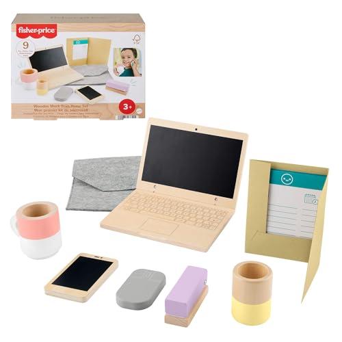 Fisher-Price - Set da Ufficio in Legno, 9 accessori per giocare al lavoro da casa come computer portatile e telefono in legno, giocattolo per bambini, 3+ anni, HXV11