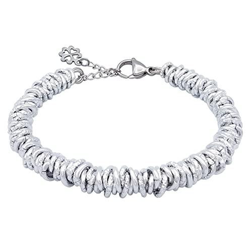 ParticolarModa Bracciale Donna regolabile quadrifoglio portafortuna nodini lucido diamantato 7 mm (Regolabile da 22 a 25 cm (x polso 19-21), Argentato)