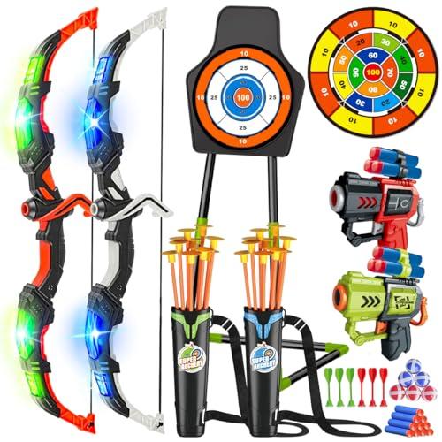 2 Pack arco e freccia per bambini e bambine di 5 6 7 8 9 10 11 anni, tiro con l'arco illuminato con bersaglio a ventosa e bersaglio a 29 freccette, attività indoor all'aperto, compleanno di giocattoli