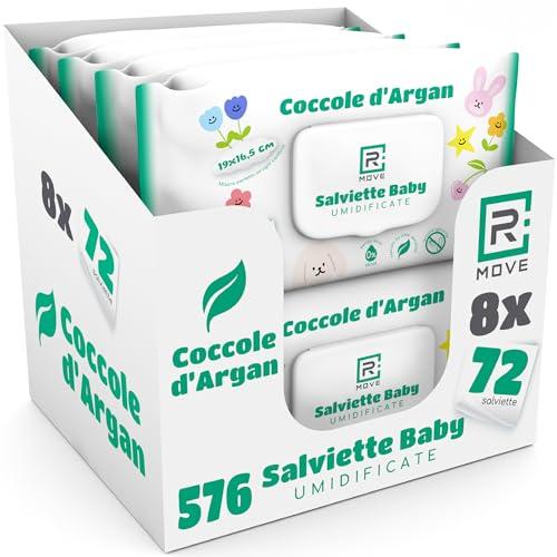 R MOVE 576 salviette neonato umidificate Coccole D’Argan, 8 confezioni da 72 salviettine bambini, Coperchio Salvafreschezza, Idratanti, igienizzanti e rinfrescanti, mani e corpo (Coccole d'Argan)