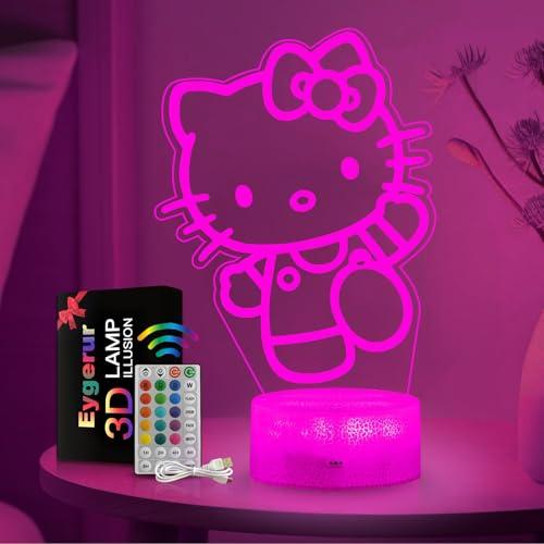 Eygerur 2 Pezzi Kitty Luce Notturna Bambini, Regalo de Kitty per Bambini 2 3 4 5 6 7+ anni,Kitty Lampade 3D Illusione Lamp con 16 Cambi di Colore, Regali di Natale Compleanno per Ragazza, Ragazzo