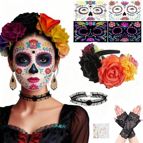 Giorno dei Morti Rose Cerchietto, Fascia per il Giorno dei morti, giorno dei morti Fascia, Con Tatuaggi luminosi,guanti,collane e diamanti scintillanti,per Halloween Carnevale giorno dei morti Feste