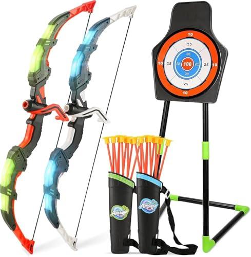 Arco e Frecce per Bambini,Set di Tiro con l'arco a LED, Giocattolo per Esterni con Bersaglio Fisso/20 Frecce/2 Faretre, Giochi all'aperto per Bambini dai 3 ai 8 anni in su, Regalo per ragazzi e ragazz