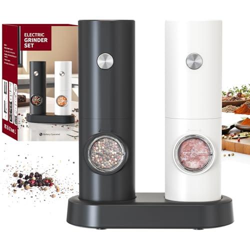CIRCLE JOY Set Macina Sale e Pepe Elettrico a Batteria Macinaspezie con Base, Luce LED Bianca e Rugosità Regolabile, Bianco Nero