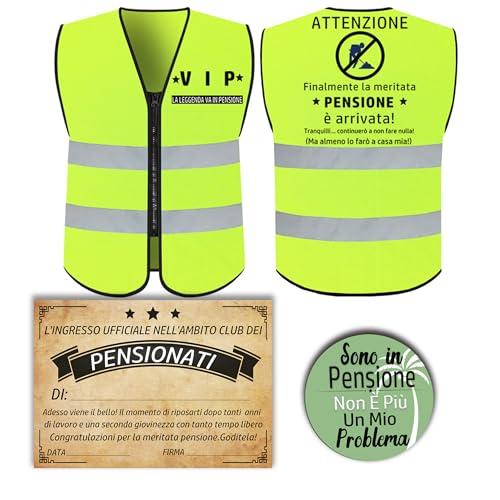 Gilet Pensione Divertente + Biglietto Auguri Pensionato +Spilla Pensione Idea Regalo Pensione Uomo Originale - Regali per Pensione Gadget Scherzi Pensionato Originali ﻿
