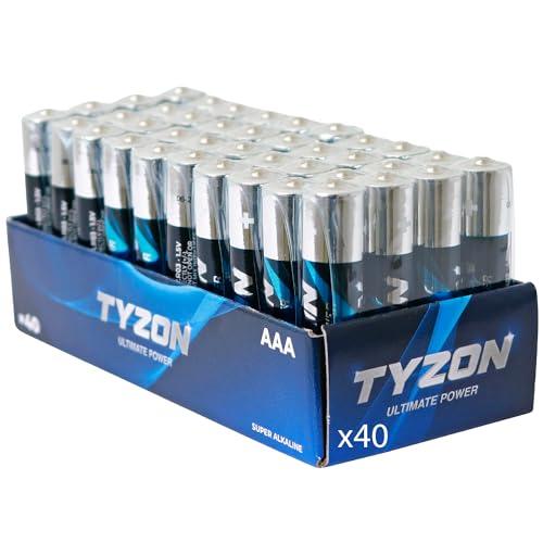 TYZON® Batterie AAA 1.5V Super Alcaline – Confezione da 40 Pile AAA a Lunga Durata Senza Mercurio per Uso Domestico, Giocattoli, Luci e Telecomandi