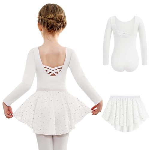 Arshiner Vestito da Balletto per Ragazze Manica Lunga Due Pezzi Vestito da Balletto per Bambini in Cotone Senza Schienale Body da Ballo con Gonna Tutu Bianco 140 5-6 Anni