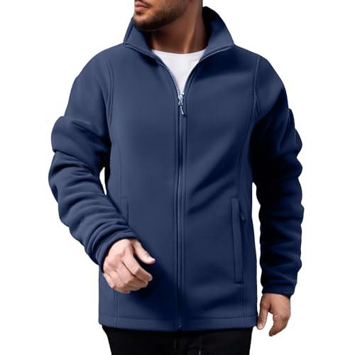 Giacca in pile da uomo casual tinta unita colletto alla coreana giacche con cappuccio inverno caldo pesante manica lunga cappotto con zip intera con tasche, Blu scuro, 4XL
