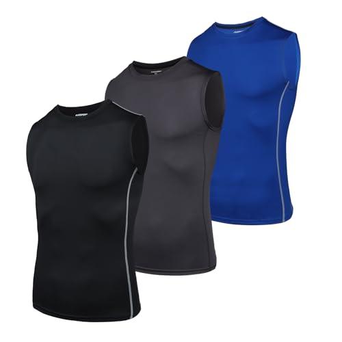 AMZSPORT Canotta Compressione da Uomo Sport Senza Maniche Base Layer Asciugatura Rapida Top Nero Grigio Blu (Confezione da 3) L