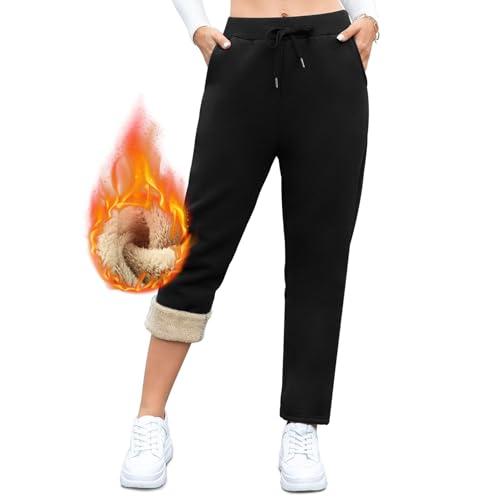 Aisprts Pantaloni Tuta Donna Termici Invernali, in Pile Ispessito Felpati Con 2 Tasche, Elastico in Vita, Coulisse, T2 Nero, L