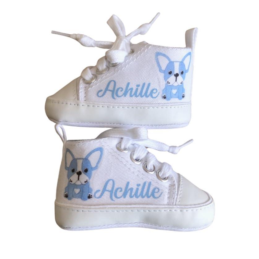 Scarpine Neonato, Scarpette Personalizzate con Nome, Scarpe da Culla con Stampa (BULLDOG azzurro, 0-3 mesi)