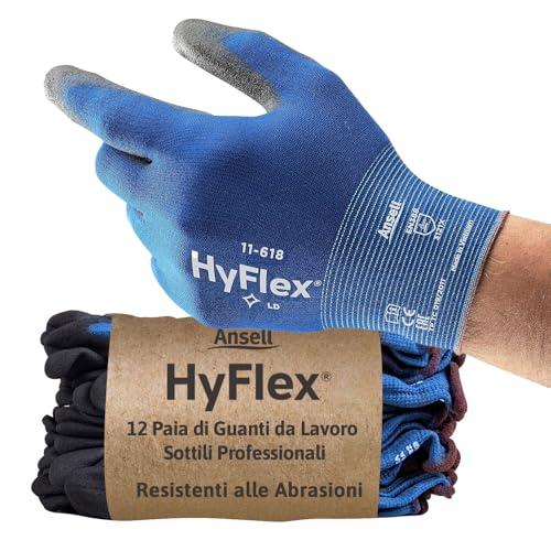Ansell HyFlex 11-618 Guanti da Lavoro Sottili, Fodera Elastica con Rivestimento in Poliuretano, Protezione Professionale per Usi Generali e Manipolazioni Delicate, Blu, Taglia L (12 Paia)