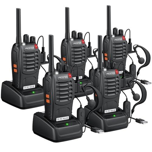 Proster Set di 5 Ricetrasmittenti Professionali Walkie Talkie a Lungo Raggio PMR 446 Comunicazione Chiara con 16 Canali, Cuffie, Torcia LED e Funzione VOX Woki Toki per Uso Professionale e Personale