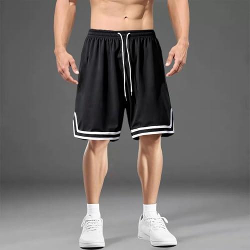 Pantaloncini da allenamento da uomo, a righe, ad asciugatura rapida, traspirante, elastico in vita e tasche, per palestra, corsa, sport, nero classico, A01-Basic Nero, L