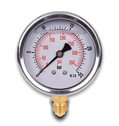 Manometro glicerina attacco radiale, in acciaio inox IP65 63 mm con connettore dal basso, 1/4 glicerina (0-25 bar)