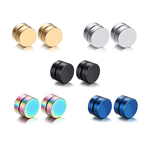 Epoch World 5 Paia Orecchini Magnetici Uomo Donna in Acciaio Inossidabile Orecchini Calamita Senza Buco Finti Orecchini Clip Non Piercing Argento Nero Or 8MM