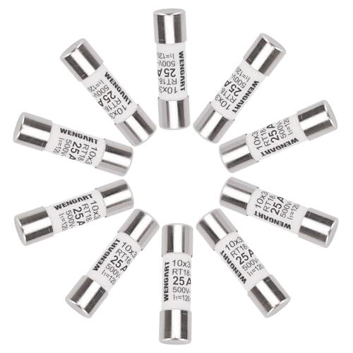 Wengart Inserto fusibile a cilindro AC RT18-32 (RO15), 10 pezzi, 10 x 38 mm, AC500V, 25A 120 kA, forte capacità di commutazione, può proteggere in modo affidabile il circuito
