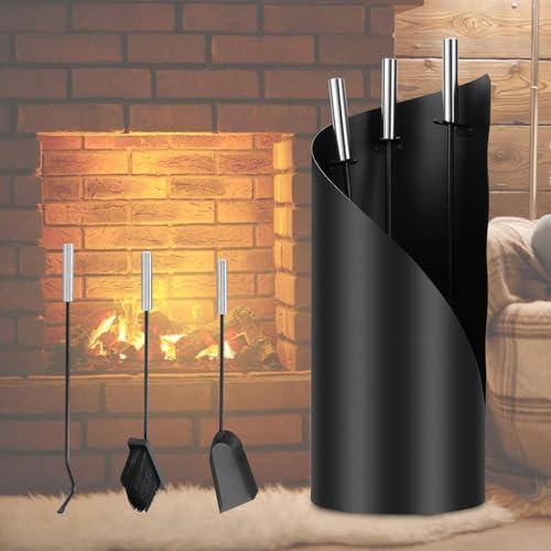 ISOISL Set di posate per camino, 4 Pezzi, Set di posate per camino, con scopa, pala, gancio in ferro, supporto, Attrezzi per camino con manici in acciaio inox, Attrezzi Camino Moderni