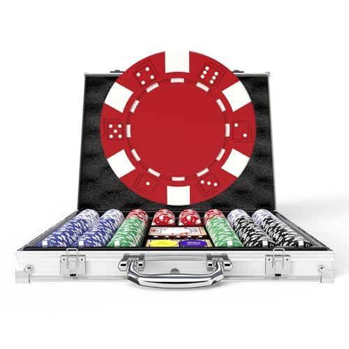 HEITOK Set di chip da poker con custodia in alluminio, 500 pezzi, chips bianchi pesati da 11,5 g inclusi 5 dadi, 2 mazzi di carte per Texas Hold'em, Blackjack e gioco d'azzardo