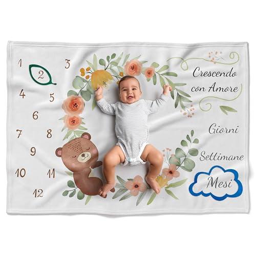 Fantalò Coperta Mesi Neonato per Foto in Italiano Unisex - Tappeto Complimese Neonata Crearicordi - Idea Regalo Nascita Bimbo Indispensabile per Neogenitori (Orsacchiotto)