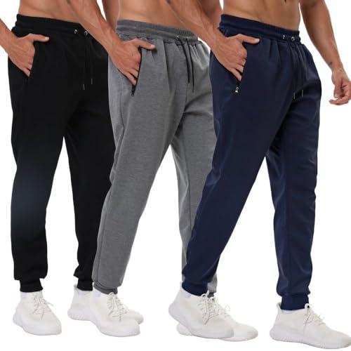 Bsrpolry Confezione da 3 pantaloni sportivi da uomo con tasche con cerniera, pantaloni da allenamento da palestra per corsa e jogging, Nero/Grigio scuro/Blu marino, 3XL