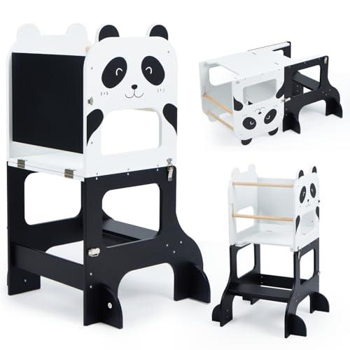 labebe torre montessoriana bambini（Altezza 92 cm）, grandi dimensioni torre montessoriana pieghevole in legno, 3 in 1 set di scrivania e sedia per bambini trasformabile con lavagna-Panda