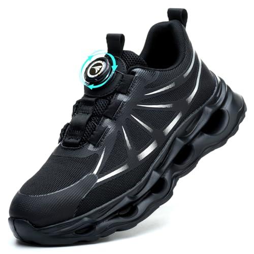 RASEARY Scarpe Antinfortunistiche Uomo Donna Antiscivolo Scarpe da Lavoro Leggere Scarpe da Cantiere con Punta in Acciaio Scarpe Sicurezza,Nero EU 44