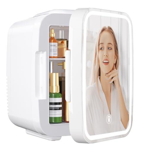 YASHE Mini Frigorifero per la Camera, Frigorifero Skincare con Specchio a LED, Piccolo Frigorifero da 4L Portatile, Riscaldatore & Raffreddatore Termoelettrico 220V AC / 12V DC per Auto, Ufficio