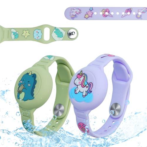 AXFEE 2Pezzi Bracciale in Morbido Silicone per Bambini, Compatibile con Apple Airtag, Protettiva GPS Bambini Anti-Perso, Localizzatore di Monitoraggio Regolabile(Unicorno B + Dinosauro B)