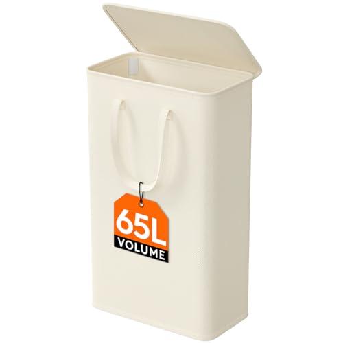 Lifewit Cesta Portabiancheria Salvaspazio con Coperchio, Cesto Biancheria Sporca Sottile con Manici, Portabiancheria Sporca Pieghevole per Camera da Letto, Bagno, Lavanderia, 65 L, Bianco