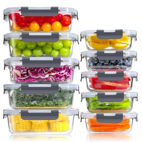 YASHE Set di 10 Contenitori Vetro per Alimenti con Coperchi Ermetici - Senza BPA, Adatti a Microonde, Forno, Frigo e Congelatore - Ideali per Conservazione, Meal Prep e Organizzazione Cucina