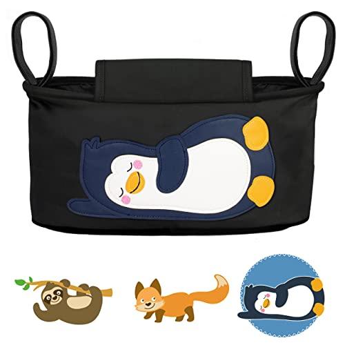 GLÜCKSWOLKE Borsa per Passeggino - 12 Motivi I Organizer per Carrozzina Neonato I Portaoggetti con Dispenser per Salviette I Universale Organizzatore Bambini I Motivo Pinguino (colore nero)
