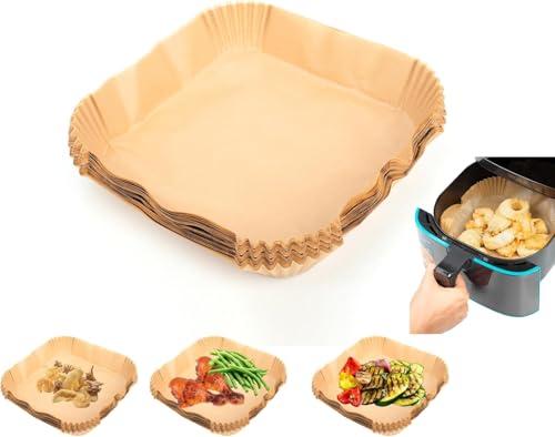 CrispHunter Carta Forno per Friggitrice ad Aria 100 Pezzi - Contenitori Quadrati 20x20x4.5 cm, Antiaderente Usa e Getta, Carta Pergamena Ideale per Cottura Senza Sporcare (Vaschetta)