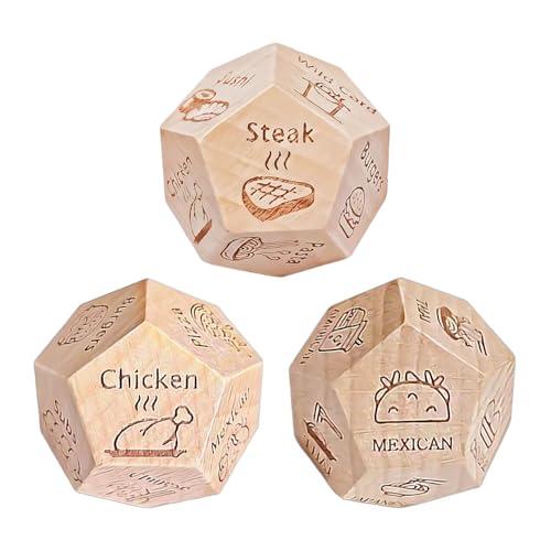 COACOM 3 Pezzi di Dadi Alimentari A 12 Lati, Dadi di Decisione in Legno Creativi, Puzzle di Riposo, Piccolo Regalo Riutilizzabile, Divertente.