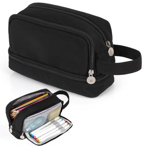 Alyvisun Astuccio Scuola, Astuccio di Grande Capacità con 3 Scomparti per Bambina Ragazzo, Astuccio Portapenne Organizer Resistente Pencil Case con Maniglia per Scuola e Ufficio (Nero)