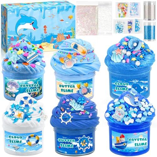 AMCHLEL 6 Pezzi Fluffy Butter Slime Set, Blu Crystal Slime per Bambini, Butter Slime Set, Putty Giocattoli, DIY Slime Morbido ed Elasticizzato per Bambine e Bambini Feste Regalo