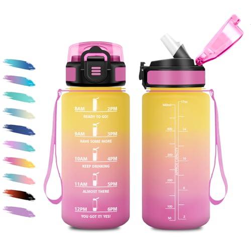 Borraccia Bambina 500ml, a Prova di Perdite, Bottiglia Motivazionale con Cannuccia, Bottiglia Acqua Sportiva con Indicatore del Tempo, Borraccia per Bambini, Campeggio, Scuola, Ufficio, Lavoro