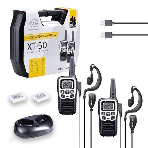Midland - Walkie Talkie XT50 ADVENTURE, 2 Ricetrasmittenti per Outdoor e Cantieri, 24 Canali PMR446 Senza Licenza, 38 Toni CTCSS, Fino a 8Km, Ricarica Rapida, Autonomia 12H, Ricaricabile con USB