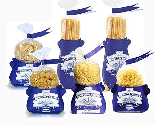 BOX DEGUSTAZIONE LU VIENTU PASTA CAVALIERI SPAGHETTI - ROTELLE - MEZZI RIGATONI - ELICHE - TAGLIATELLE - PENNE LISCE PASTA DI SEMOLA DI GRANO DURO - PRODOTTO ARTIGIANALE MADE IN SALENTO (6 X 500gr)