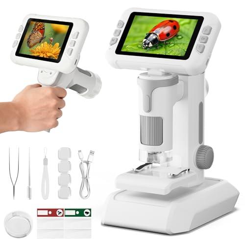 HEWEIMEI 1600X Microscopio bambini, Schermo IPS da 4,0 Pollici Microscopio Digitale con 6 luci LED Regolabili e Vetrini, ARegali di Natale Compleanno e Capodanno per Bambini dai 3 ai 14 Anni (Grigio)