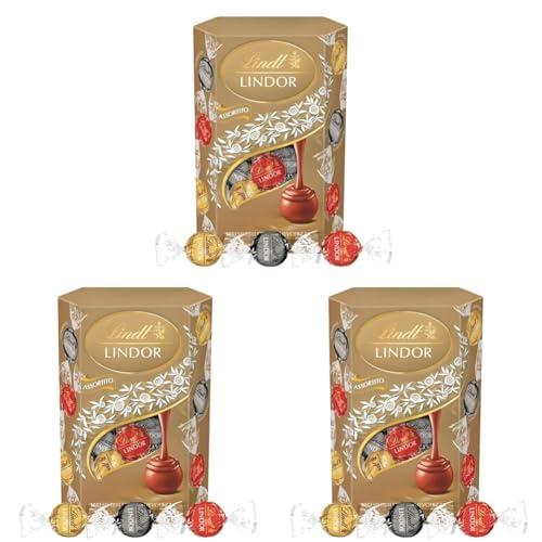 Lindt LINDOR Praline di Cioccolato al Latte, Fondente, Bianco, 16 Cioccolatini Assortiti, in confezione 200g (Confezione da 3)