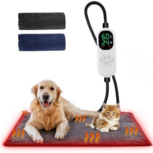 Angelpet Tappetino Riscaldante per Cani Gatti XL 60x90cm – Cuscinetto Elettrico per Animali Domestici, 30-60℃ Temperatura, 14 Timer (0-12/24H), Cavo Anti-Morso 1,8m, Auto Screen-Off, 2 Fodere Lavabili