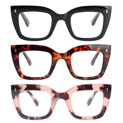 KoKoBin 3 confezioni di oversized occhiali da lettura quadrati da donna, anti luce blu con cerniere a molla occhiali (Nero, marrone leopardato, rosa leopardato, 1.5, Diottria)