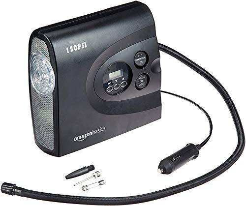 Amazon Basics Compressore d'aria portatile compatto, gonfiaggio pneumatici, spegnimento automatico con luce LED, CC 12 V, 150 PSI, nero
